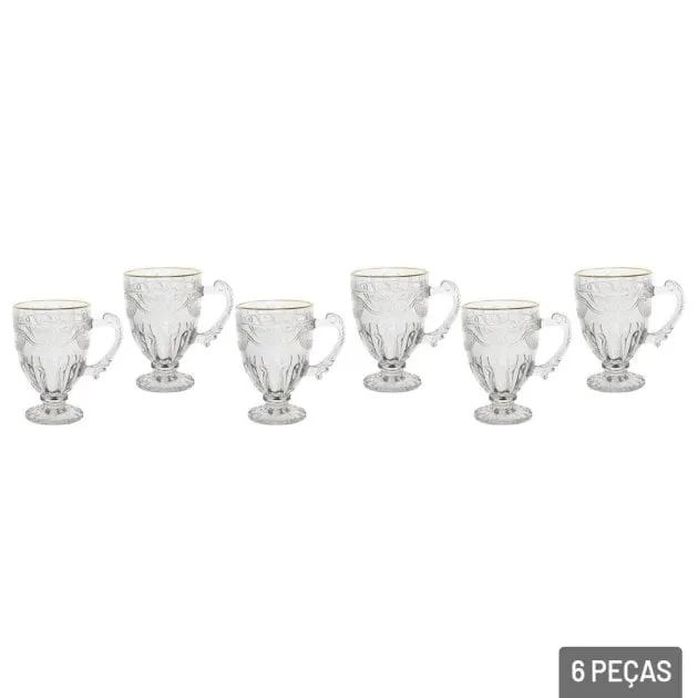 Xícara de Vidro 190ml 06 Pçs Cristal fio de Ouro