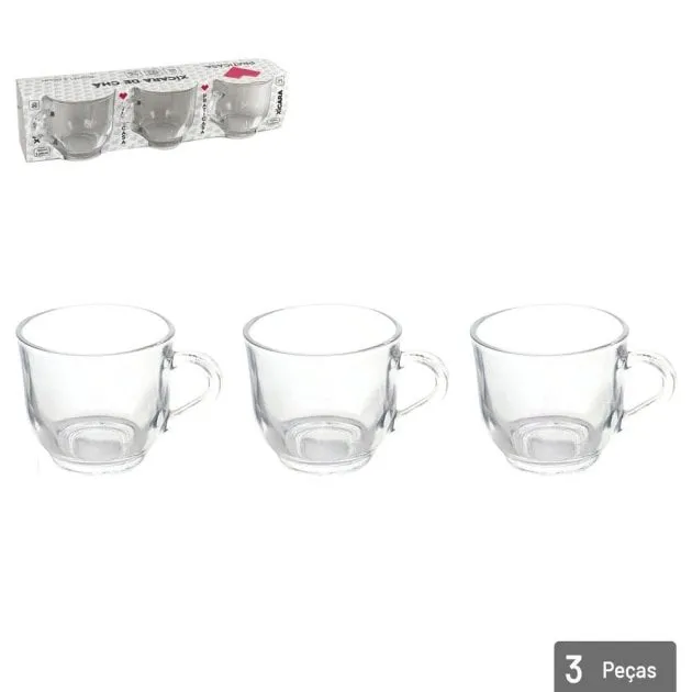 Xícara de Vidro 150ml 3 Peças Lisa Transparente