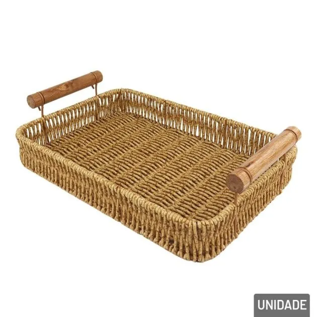Bandeja de Plástico 30cm Trançada com Alça Marrom