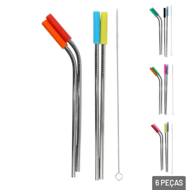 Canudo de Inox 23cm 6 Peças com Limpador e Estojo