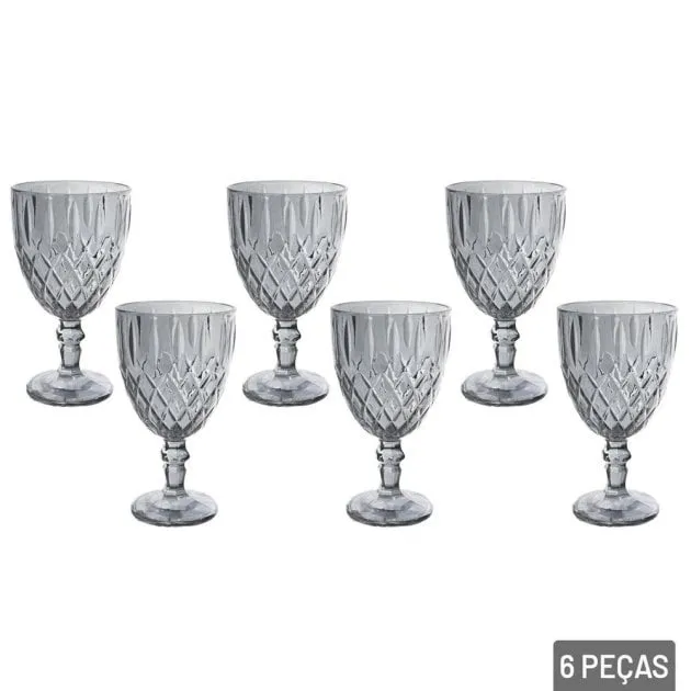 Taça de Vidro 340ml 6 Peças Decorada Fumê