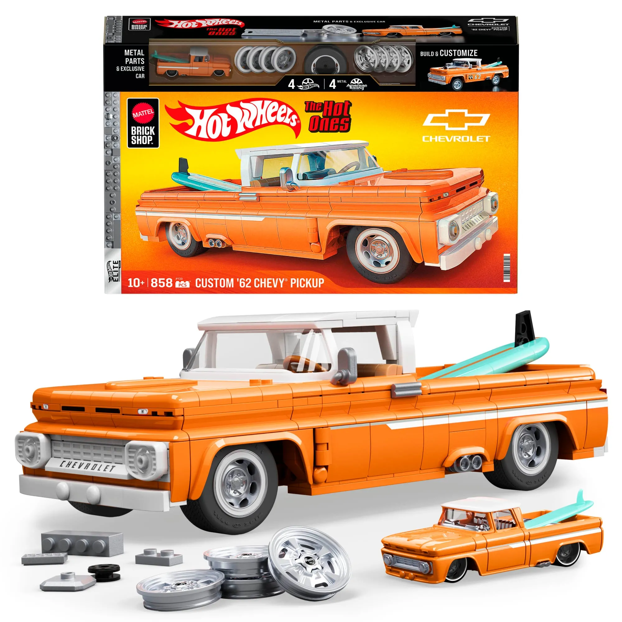 (Sold Out) Mattel Brick Shop Hot Wheels Custom ’62 Chevy Pickup Building Toy Kit (858 Pieces), For Collectors