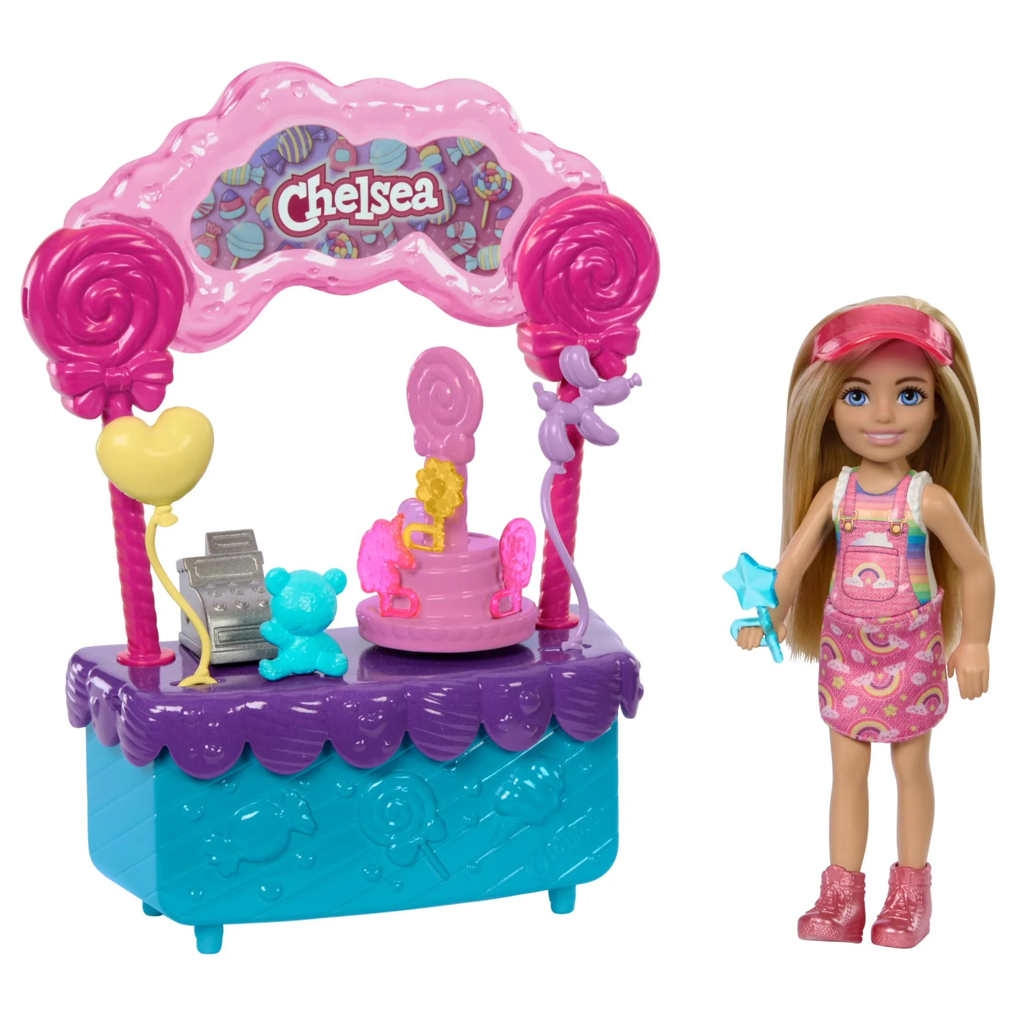 Barbie Poupée Chelsea et Kiosque à Sucettes et Bonbons, 10Éléments