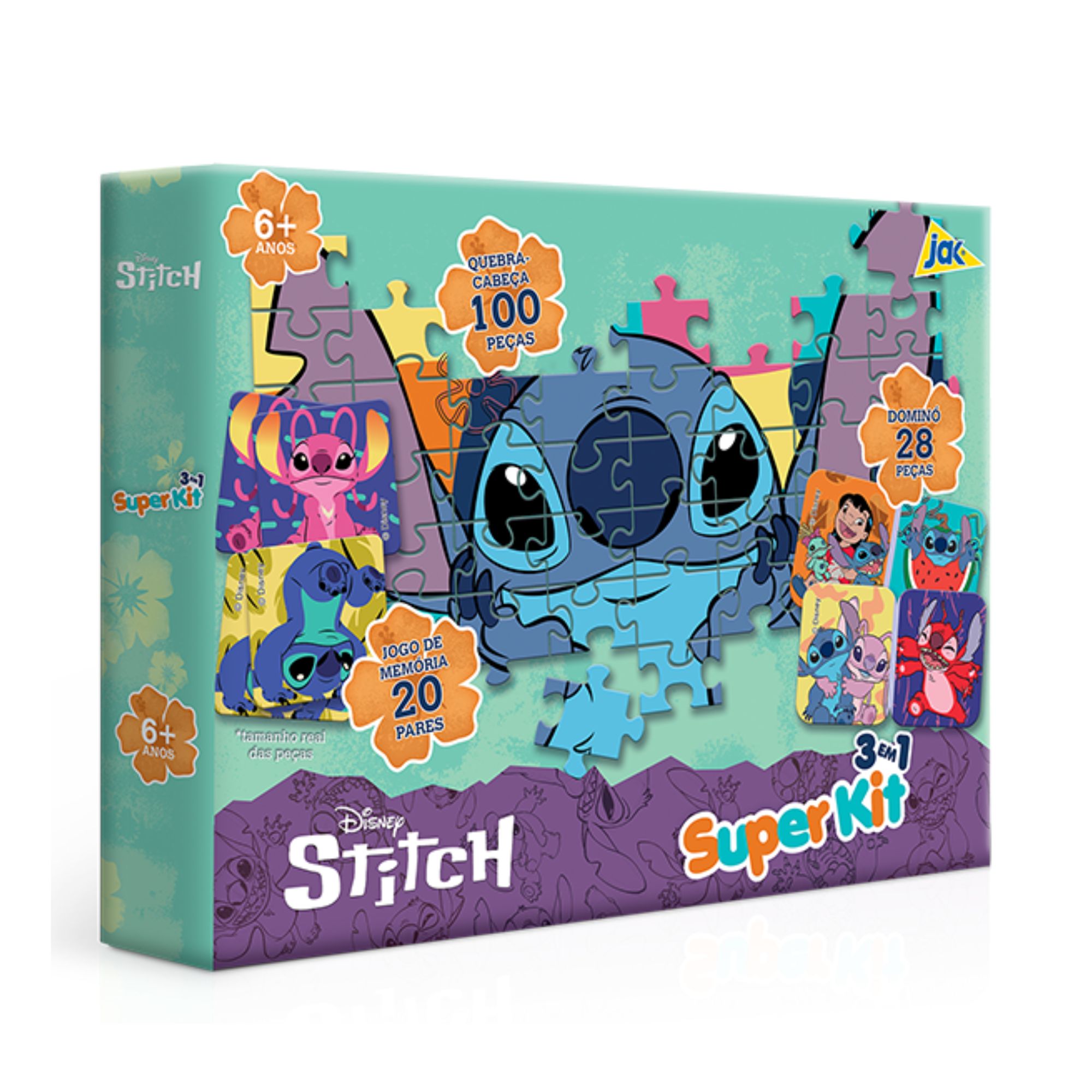 Super Kit 3 em 1 - Disney Stich (Quebra-Cabeça, Dominó e Jogo da Memória)
