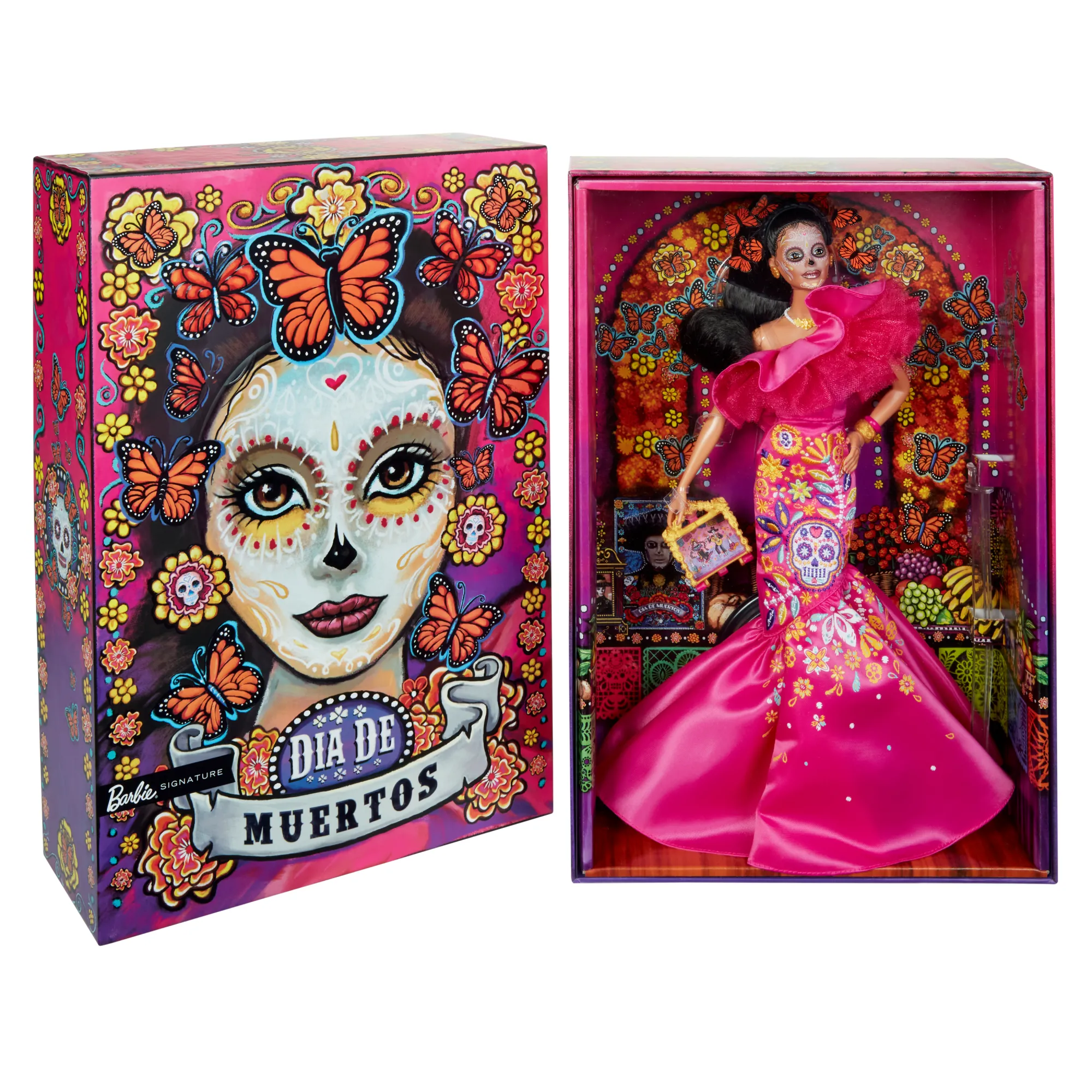 2023 Día De Muertos Barbie Doll Wearing Ruffled Pink Gown And Holding Tiny Ofrenda, Barbie Signature