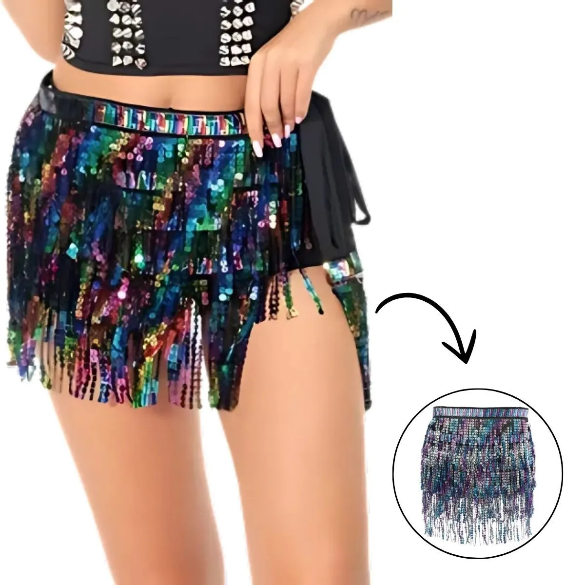 Saia Carnaval Franja Prata Holográfica Lantejoula Metalizada