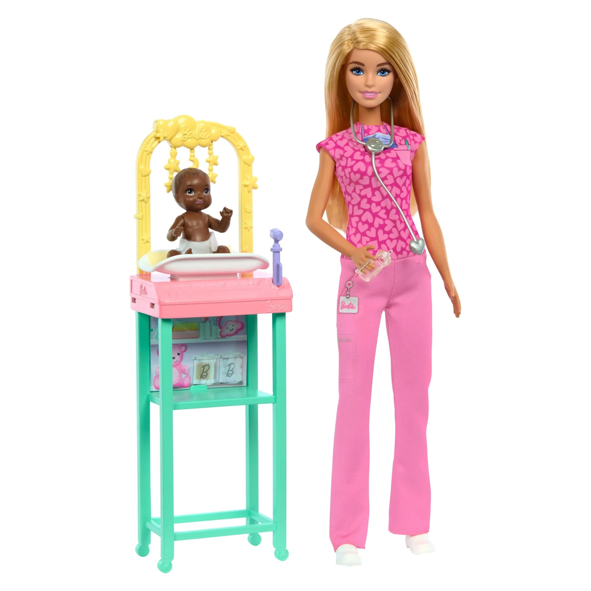 Poupée Barbie Pédiatre Avec Poupée Mode Blonde, 1Poupée Bébé, Meubles et Accessoires